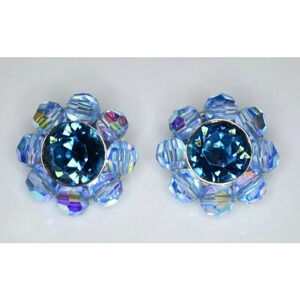 VTG CROWN TRIFARI Silver Tone Blue AB Crystal Rhinestone Clip Earrings